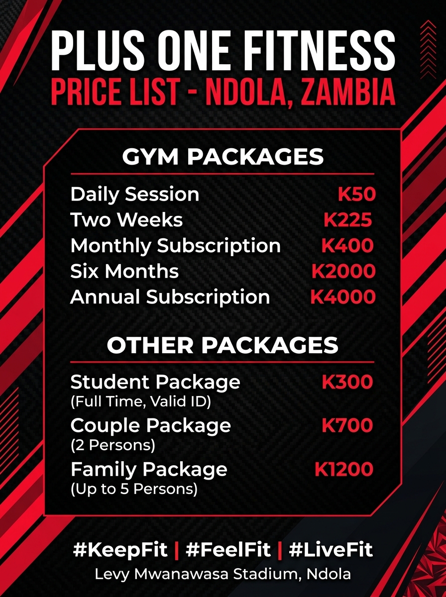Official Plus One Fitness Price List Ndola Zambia - Gym Packages and Student, Couple, Family Rates